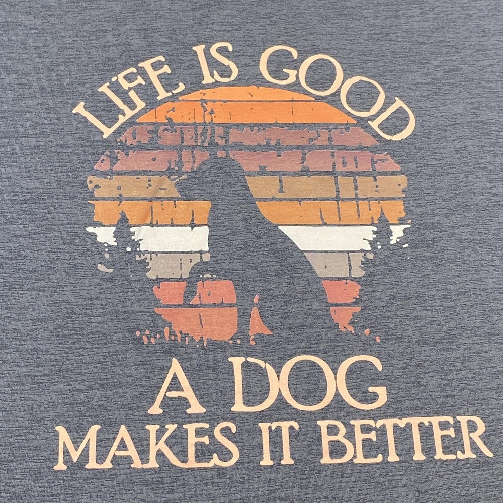 Life Is Good Dog Makes It Better Shirt Mens Large Gray Sunset Graphic Tee